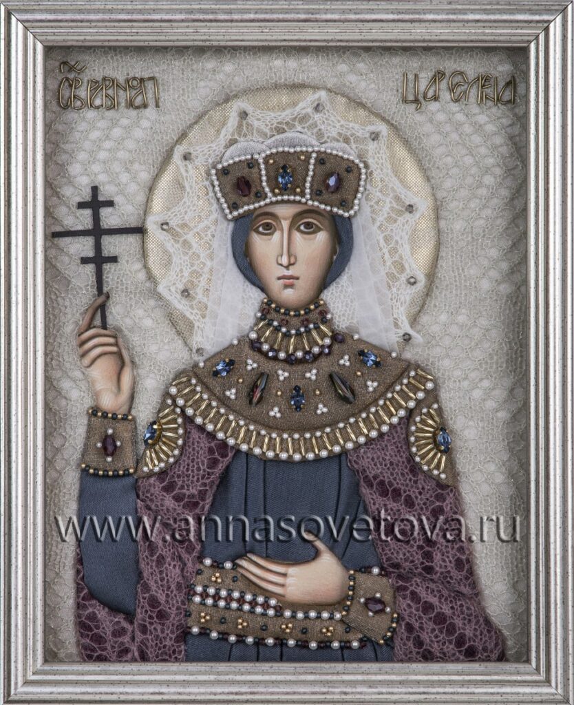 Икона «СВЯТАЯ РАВНОАПОСТОЛЬНАЯ ЦАРИЦА ЕЛЕНА» в ризе из оренбургского пухового платка